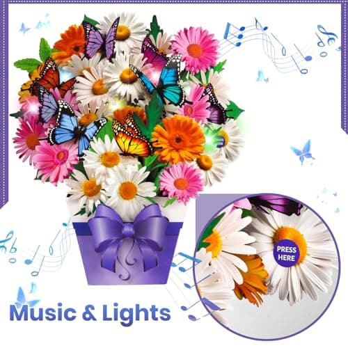 APOTODITO Butterfly Cards with Music and Light, Flower Bouquet Card, Mothers Day Cards, Mothers Day Gifts for Mom, Women, Wife, Sister (daisy and butterfly) - Thumbnail 2