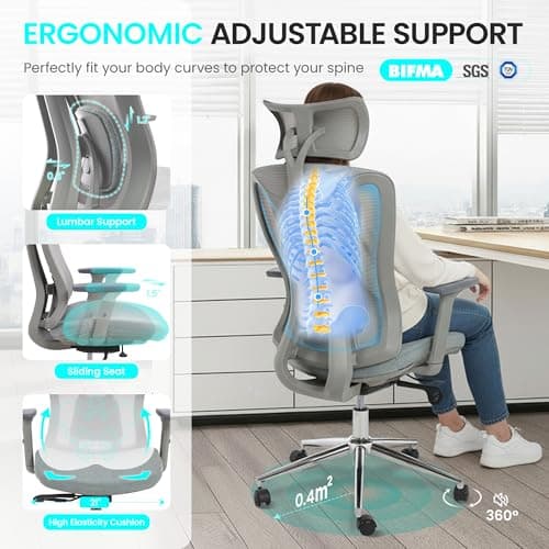 LuxErgo Ergonomic Office Chair, High Back Mesh Desk Chair with Adjustable Headrest Lumbar Support Seat Depth, 300 Lbs Big and Tall, 90-110° Tilt Lock Swivel Rolling Task Chair,Green - Thumbnail 4