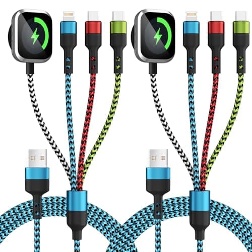 Jogrytece Travel Essentials,USB A 4 in 1 Multi Charging Cable for i Watch Charger/Type C Charger/IP Port,Travel Chargers for Multiple Devices (Blue, 5FT 2Pack)