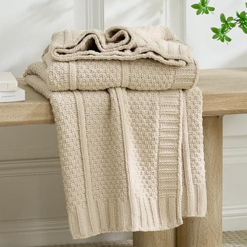 Amélie Home UltraChunky Chenille Throw Blanket, Soft Moss Stitch Knit Blanket for Couch, Sofa, Chair, Home Decor, Beige 50"x60" - Image 1