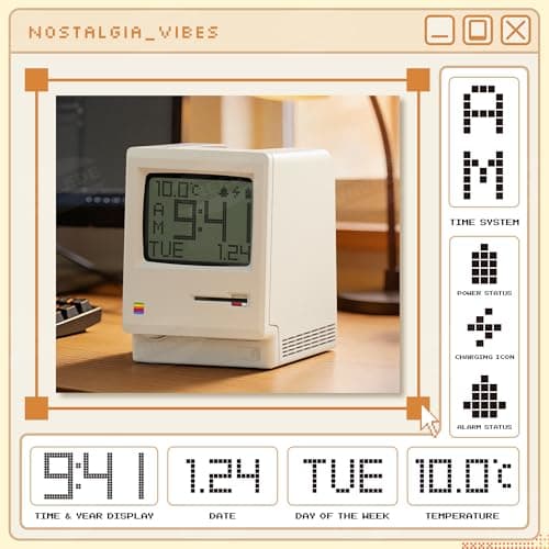 UNEEDE Maclock Retro Desk Clock, 1984 W-8 Computer Inspired Pixel Display Rechargeable Desk Clock, Multi-Alarm, Calendar, Temperature, Dimmable, Unique Retro Tech Gift for Office Bedroom Night Light - Thumbnail 2