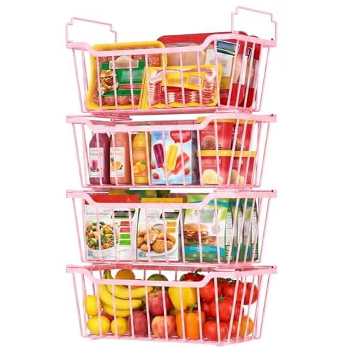 Goovilla Freezer Organizer Bins with Foldable Handle, 4 Pack Stackable Freezer Baskets for 3.5-7 Cu.FT Deep Chest Freezer Organization, Pink Metal Freezer Storage Bins with Better Space Utilization - Image 1