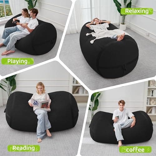 HABUTWAY Bean Bag Chair, 5FT Large Bean Bag Chair with Removable Cover, Comfy Beanbag Chair with Memory Foam Filling, Bean Bag Sofa for Living Room Bedroom Reading Room, Black - Thumbnail 5