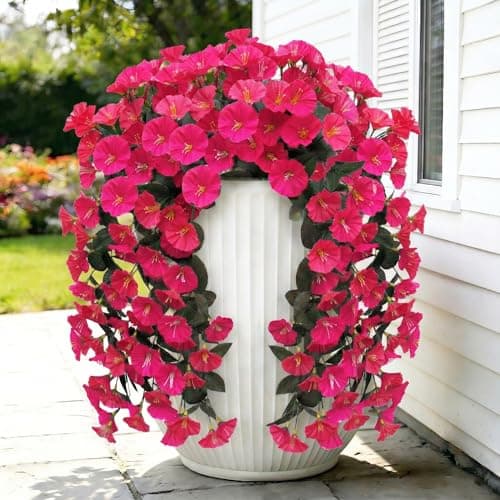 Artificial Flowers for Outdoors Fake Hot Pink Morning Glory Hanging Flower Decoration, 2Pcs Realistic Faux Plants Petunias Long Trailing Vines,Spring Decor for Porch Patio Balcony Planter Yard - Image 1