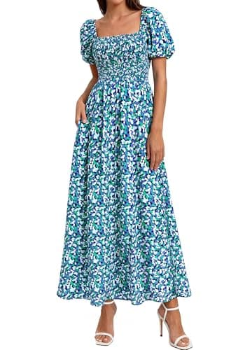 BTFBM Spring Summer Dresses for Women 2026 Puff Short Sleeve Smocked Floral Print Boho Beach Wedding Guest Maxi Dress(Floral Blue Green, Small) - Image 1