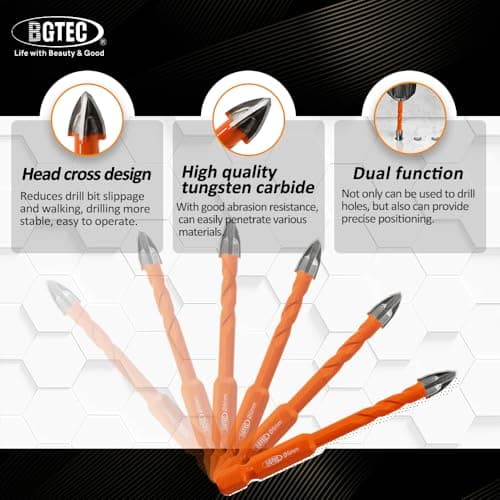BGTEC Masonry Drill Bits, 10pcs 5MM*2+6MM*4+8MM*2+10MM+12MM Tungsten Carbide Tip Tile Drill Bit Set for Ceramic Tile, Brick Wall, Masonry, Concrete, Glass, Plastic and Wood Quick-fit Hex Shank - Thumbnail 5