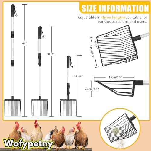 Chicken Poop Scooper & Rake, 3 in 1 Chicken Coop Scoop 23" to 42" Adjustable Metal Shovel Head and Handle, Litter Sifting Shovel for Chickens Coop, Farm, Sheep Pen, Cat Litter, Stable Cleaning - Thumbnail 2