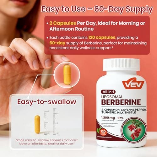 VEV Berberine Supplement with Ceylon Cinnamon, Cayenne Pepper, Turmeric, Milk Thistle, Vegan & Non-GMO – 120 Capsules - Thumbnail 6