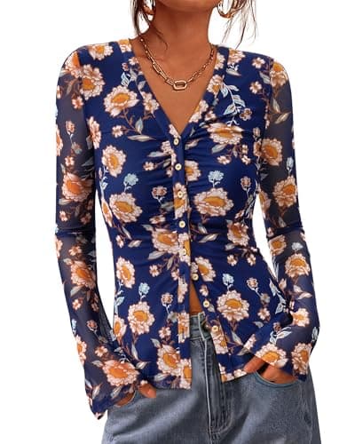 BTFBM Button Down Shirts for Women 2026 Spring Boho Tops V Neck Long Sleeve Blouses Ruched Mesh Fitted Fashion Clothing(Blue, X-Large) - Image 1