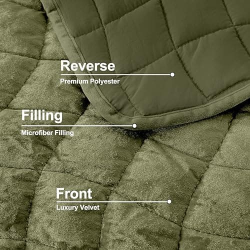 DOWNCOOL Velvet Quilt Set Queen Size, 3 Pieces Soft Lightweight Quilted Velvet Bedspread Coverlet Bedding with 2 Pillow Shams for All Season, Olive Green - Thumbnail 5