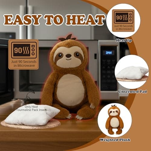 NIUBEHOHO Weighted Heating Sloth Stuffed Animals - 16 Inch Big Microwavable Sloth with Zipper Cute Heating Pad Plush Toy Washable Unscented Comfort Hug Pillow for Kid Teen Adult Birthday Gift 2.2 Lbs - Thumbnail 4