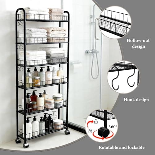 Seadasyoon 6in 6 Tier Slim Storage Cart with Wheels, Narrow Space Rolling Shelving Unit, Metal Wire Mobile Organizer Rack for Kitchen Bathroom Office Laundry - Thumbnail 6