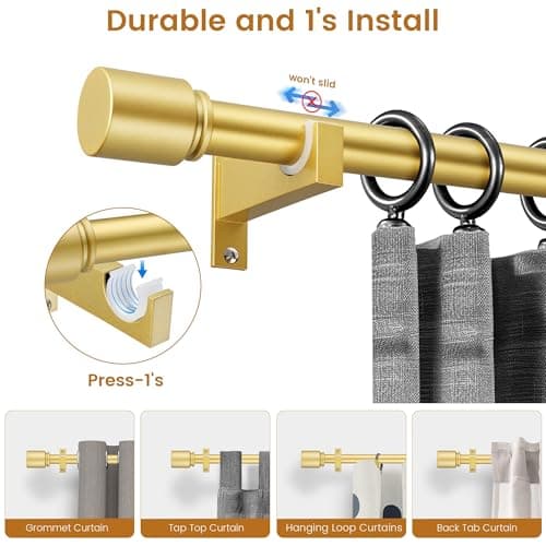 Gold Aluminium Curtain Rods for Windows,1 Inch Adjustable Curtain Rod 48 to 84 Inch,Heavy Duty Drapery Rods with Thicken Bracket,Modern Single Rod with Aluminium Finials - Thumbnail 4