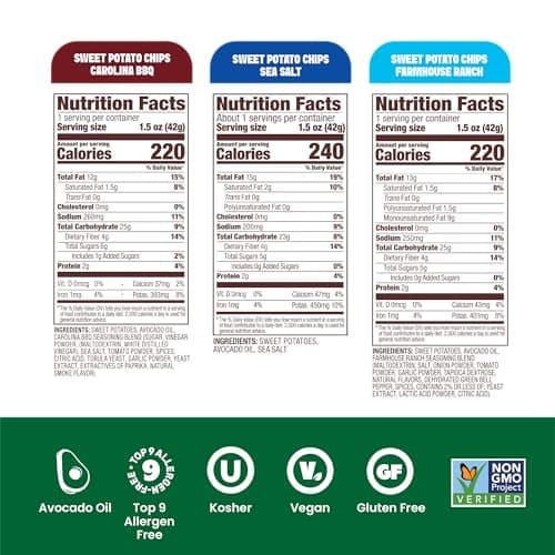 Jackson’s Sweet Potato Kettle Chips Avocado Oil Variety Pack made with Premium Oils (1.5 oz, Pack of 18) Sea Salt, Ranch, and BBQ Flavors - Allergen-friendly, Gluten Free, Vegan - Thumbnail 2