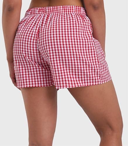 Sunzel Women's Gingham Plaid Boxer Shorts – Elastic Waist Loose Fit Pajama Lounge Shorts Y2K Summer Beach Casual Pj Bottoms Red Plaid X-Large - Thumbnail 2