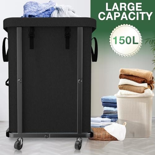 40 Gal(150L) High Grade Large Laundry Basket with Wheels, Rolling Laundry Hamper, Laundry Cart with Metal Frame and Removable Bag Design, Suitable for Laundry Room (Black, 150L) - Thumbnail 2
