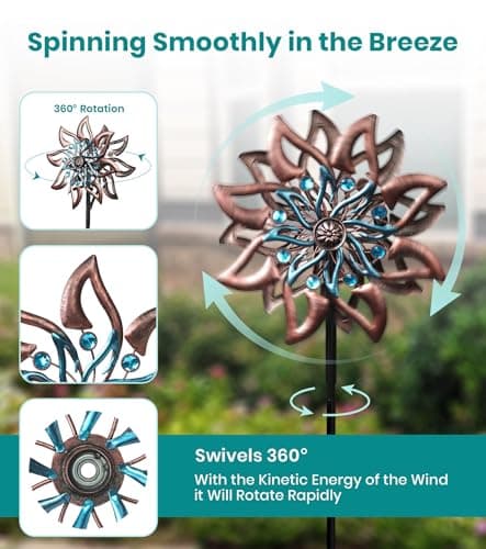VUFOZ 360° Garden Wind Spinner for Outdoor Yard Art – W13xH64 Kinetic Windmill for Garden, Lawn, and Patio – Dahlia-Inspired Copper and Teal Wind Spinners Outdoor Decorative Yard Art - Thumbnail 3