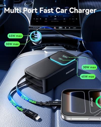 Rocoren 135W Multiple Ports Car Charger,Car Travel Essentials for Road Trips,6-Port PD Fast USB C Cigarette Lighter Adapter with 5FT Cable and 2 Retractable Cable,Car Accessories for iPhone, Galaxy - Thumbnail 2