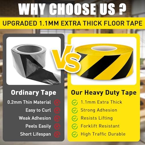 OWYR Floor Marking Tape, 1.1mm Extra Thick Heavy Duty Yellow and Black Safety Tape, 2 Inch Width x 100FT Industrial Adhesive Caution Tape for Warehouse, Factory, Forklift & High Traffic Floors - Thumbnail 3