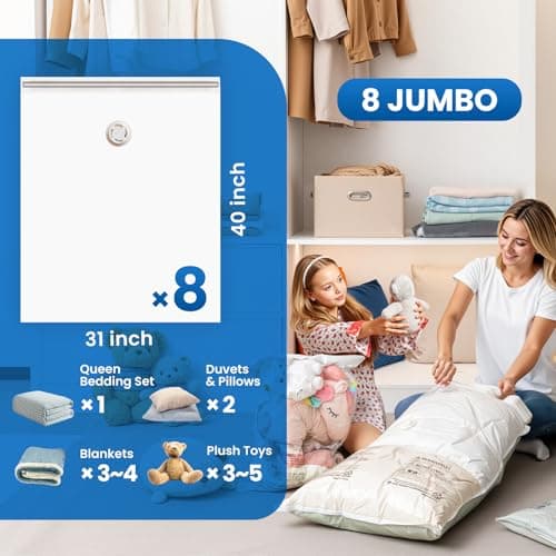 TAILI 8 Pack Vacuum Storage Bags for Comforter and Blankets, Jumbo Vacuum Seal Bags for Bedding 40x31 Inch, Space Saver Bags for Clothes, Pillows, Saving More Closet Space - Thumbnail 3