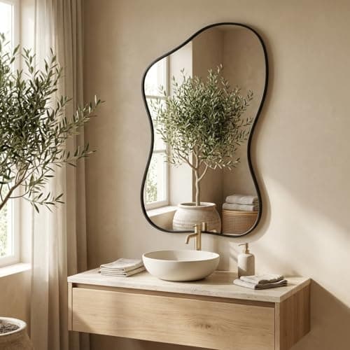 PIUDOC Black Asymmetrical Wall Mirror 40"x26" Wide Modern Minimalist Bathroom Mirror Irregular Decorative Vanity Mirror for Dresser/Entryway/Fireplace/Mantle/Living Room - Home Decor for Housewife - Image 1