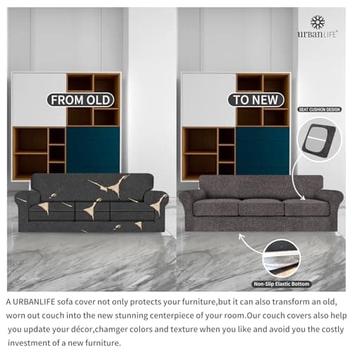 URBANLIFE 4-Piece Stretch Sofa Slipcovers for 3 Cushion Couch, Super Stretch Spandex Non-Slip Sofa Cover with Elastic Bottom, Machine Washable Furniture Protector for Kids & Pets, Charcoal Gray - Thumbnail 5
