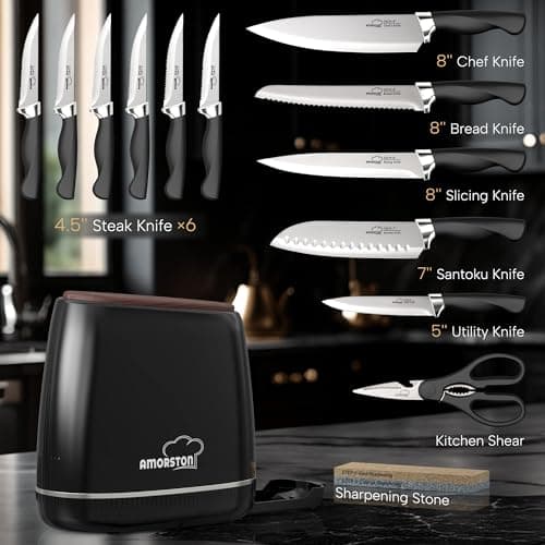 Knife Set, Amorston 14-Piece Kitchen Knives Set with Block & Sharpening Stone, Stainless Steel Dishwasher Safe, Knife Block Set with Ergonomic Handle, Professional Kitchen Knives for Home Cooking - Thumbnail 2
