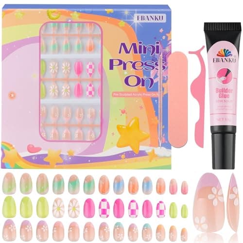 78 Pieces Press on Nails for Kids, EBANKU 3 Pack Kid Fake Nail Kit Old Colorful Flower Press on Nails for Girls 8-12 Years with Jelly Nail Adhesives & Nail Builder Glue - Image 1