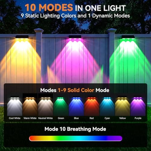 BONLION Solar Fence Lights Outdoor 10 Pack, Upgraded Brightness 3X LED Lens Fence Lights Solar Powered, 9 Fixed Colors & RGB Lights,IP65 Waterproof Solar Lights for Outside Backyard/Railing/Step/Patio - Thumbnail 3