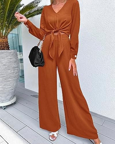 PRETTYGARDEN Women's 2 Piece Outfits 2026 Spring Fashion V Neck Long Sleeve Strappy Crop Top Wide Leg Pant Lounge Sets(Brown Orange,Small) - Thumbnail 2
