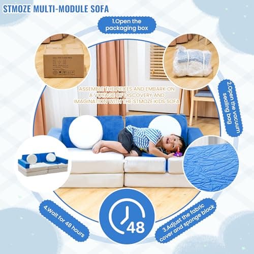 Stmoze 13PCS Modular Kids Play Couch, Kids Couch with Washable Velvet Cover, 5 Seconds Instant Expansion,Convertible Foam and Floor Cushion for Nursery Playroom, Blue & Beige - Thumbnail 5