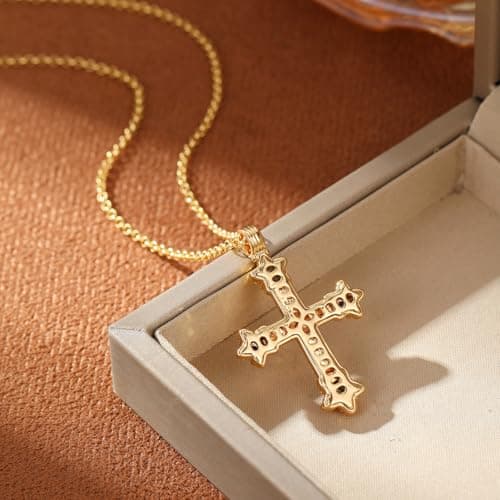 GZQ Chunky Gold Cross Necklaces for Women Big Cross Pendant Necklace Statement Long Chain Prayer Religious Jewelry (B) - Thumbnail 5