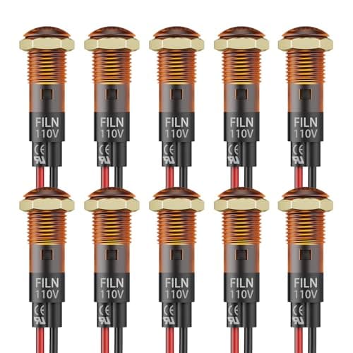 FILN 10PCS Small 110V LED Indicator Light, 8mm (5/16") IP67 Waterproof Low Power Pilot Lights Panel Mount for Car, Truck, Boat, Marine, Dash(110v, Yellow)