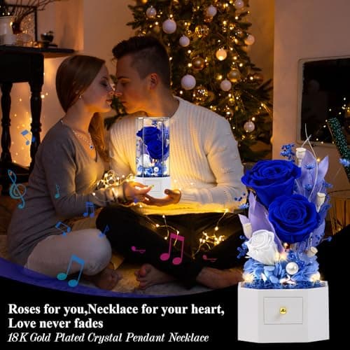Eluvian Forever Preserved Roses Flowers with Necklace 18K White Gold Plated Birthday Gift for Mom Girlfriend Wife Long-Lasting Eternal Rose Music Box Gift for Anniversary Christmas Mother's Day-Blue - Thumbnail 2