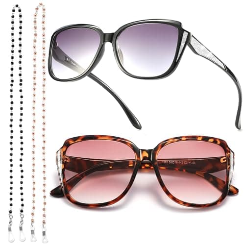 Yiwaeye Stylish Oprah Style Reading Sunglasses Glasses, Oversized Full Lens Sun Readers with Fashion Glasses Chains for Women Black/Tortoise +1.5(Non-bifocal) - Image 1