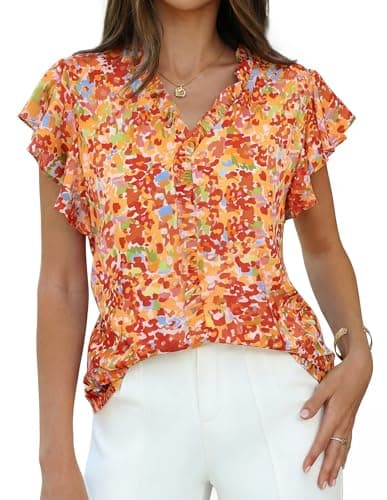 GRACE KARIN 2026 Boho Tops for Women Dressy Casual,Ruffle Sleeve Chiffon Blouses,V Neck Summer Fashion Clothes Orange XXL - Image 1