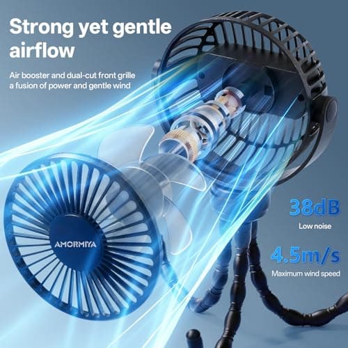 AMORMIYA Portable Battery Powered Stroller Fan with Flexible Tripod, Black - Thumbnail 4
