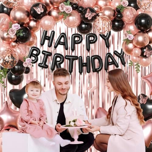 Rose Gold and Black Birthday Decorations for Women Girls, Pearl Metallic Rose Gold Black Foil Confetti Balloons Happy birthday Banner Gold Butterfly Fringe Curtains for Birthday Party Women Girls - Thumbnail 6