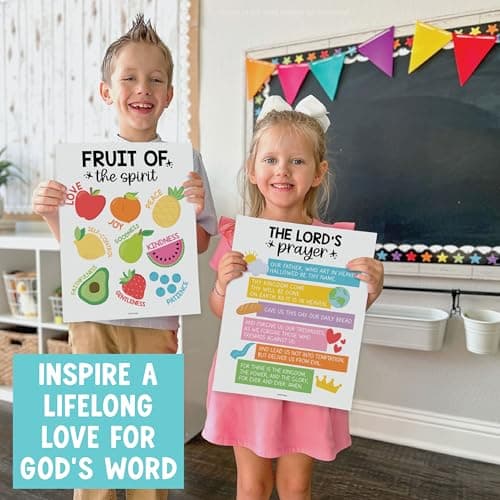 Hadley Designs Sunday School Decorations for Classroom –9 Bible Posters for Kids, Books of the Bible, 10 Commandments, Bible Timeline Chart, Fruits of the Spirit, Rainbow Christian Classroom Decor - Thumbnail 4