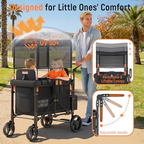 VELUVIA Wagon Stroller Outdoor for 2 Kids - Double Toddlers Stroller with Canopy & Removable Seat Pads, 2 Seater Push Pull Wagon One-Hand Fold, Shock-Absorbent Wheels & Safety Harness, Black - Thumbnail 5