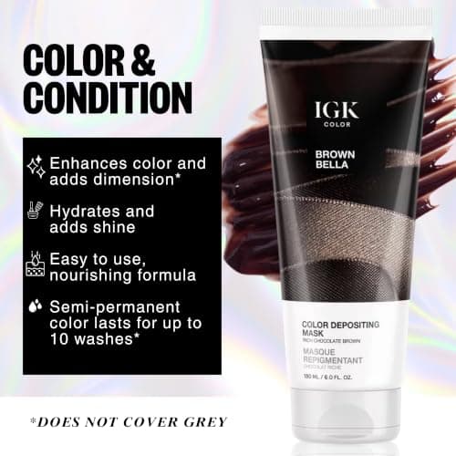 IGK Brown Bella Color Depositing Hair Mask | Chocolate Brown Semi Permanent Hair Color Conditioner + Gloss Toner | Hydrating Formula Adds Shine + Refreshes Color | Vegan + Cruelty Free | 6 oz - Thumbnail 5