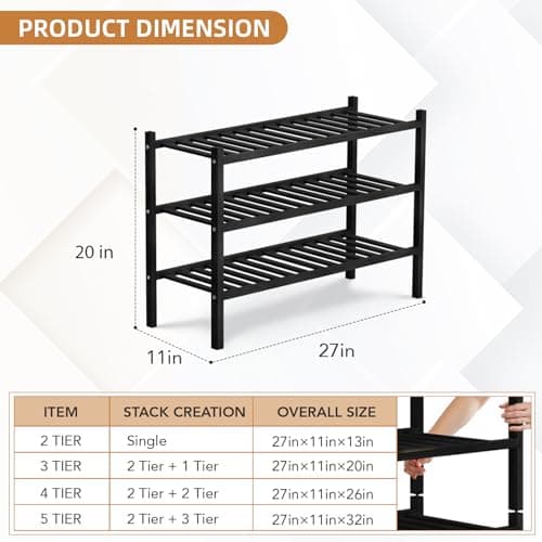 Buymoth 3 Tier Bamboo Shoe Rack Storage Organizer for Closet, Multifunctional Stackable Free Standing Shoe Shelf Organizer for Small Space,Entryway,Hallway,Bathroom 27"x11"x20" (Black, 3 Tier) - Thumbnail 2