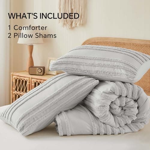 BEDELITE Boho Twin/Twin XL Comforter Set，Light Grey Tufted Striped Bed Set 2 Pieces, Soft Vintage Farmhouse Comforter for College, Boho Home Dorm Decor, Fluffy Jacquard Bedding with 1 Pillow Sham - Thumbnail 6