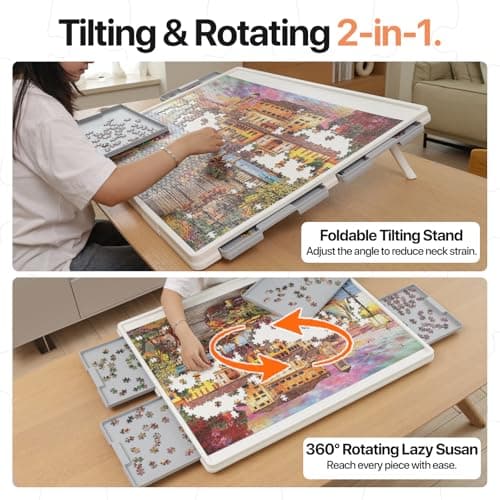 WELGEE 1500 Pieces 2-in-1 Tilting & Rotating Puzzle Board with Drawers and Cover, 35"x27" Portable Spinning Plastic Jigsaw Puzzle Table for Adults, Upgraded Lazy Susan - Thumbnail 3