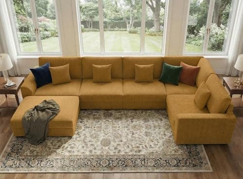 146" Modular Sectional Sofa, Oversized U Shaped Couch, Convertible Sleeper Sofa, 6 Seat Sofa with Chaise, Deep Seat Comfy Cloud Couch with Ottoman and Five Pillows for Living Room, Corduroy, Yellow - Thumbnail 4