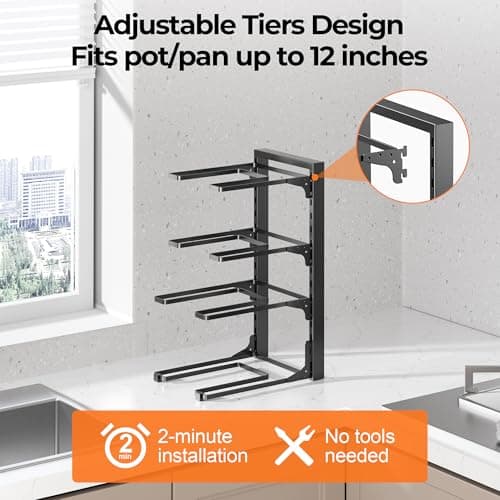 MUDEELA Pots and Pans Organizer under Cabinet 15.75" Tall, 4-Tier Heavy Duty Pan Organizers inside Cabinet Kitchen Storage, Adjustable Pot Rack Holds up to 88 LB Cast Iron Skillets Shallow Cookware - Thumbnail 4