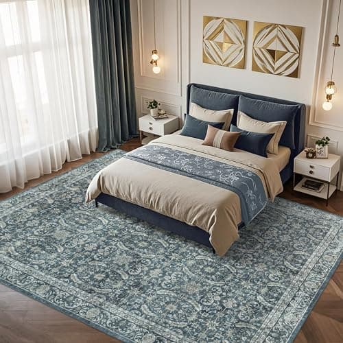 Brevonox Washable Living Room Rug: 8x10 Boho Vintage Soft Area Rug - Oriental Farmhouse Low Pile Thin Carpet for Bedroom Dining Room Home Office Decor Non-Slip Stain-Resistant - Smoky Indigo - Thumbnail 3