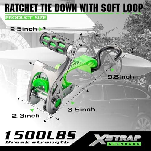 XSTRAP STANDARD 1in x 14ft Ratchet Straps with Ergonomic Aluminium Alloy Handle and Coated S-Hooks - 500 lb. Working Load Limit / 1,500 lb. Breaking Strength - Green, 4PK - Thumbnail 5