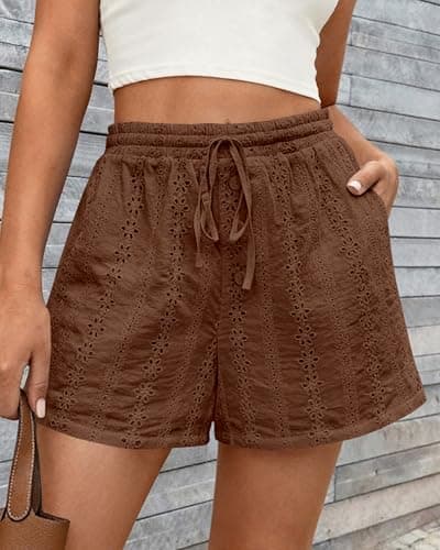 KIRUNDO Lace Shorts for Women Summer Cute Boho Eyelet Elastic Waist Drawstring Casual Lounge Shorts Beach Vacation Outfits(Brown, X-Large) - Thumbnail 3