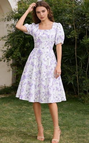 Belle Poque Purple Floral Vintage 1950s Cocktail Party Dress 2026 Summer Square Neck Flowy Baby Bridal Shower Dress S - Thumbnail 4